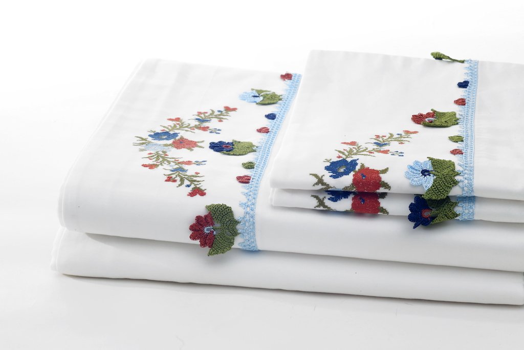 blue joy sheet set folded